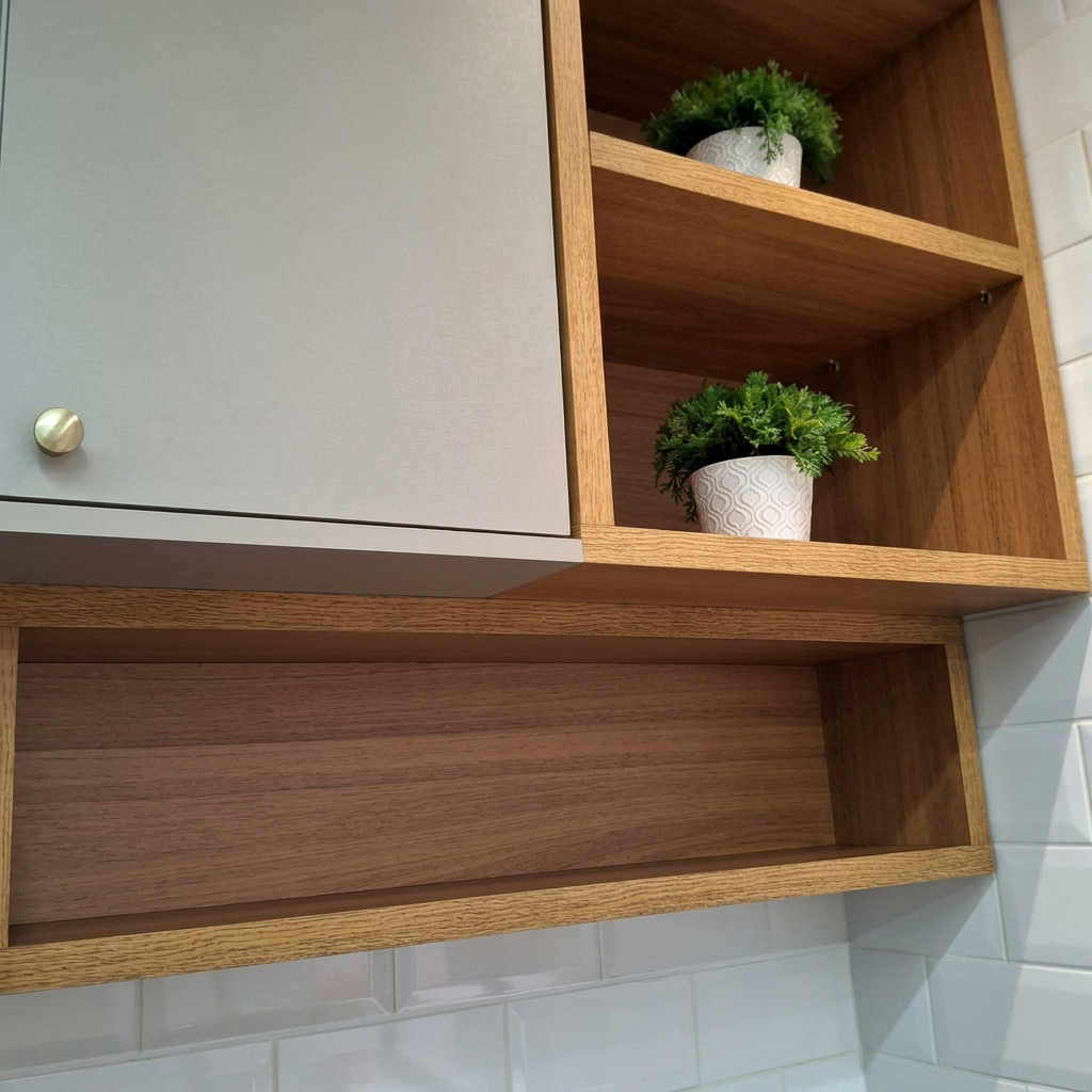 Detalhe de nichos em MDF amadeirado em cozinha planejada