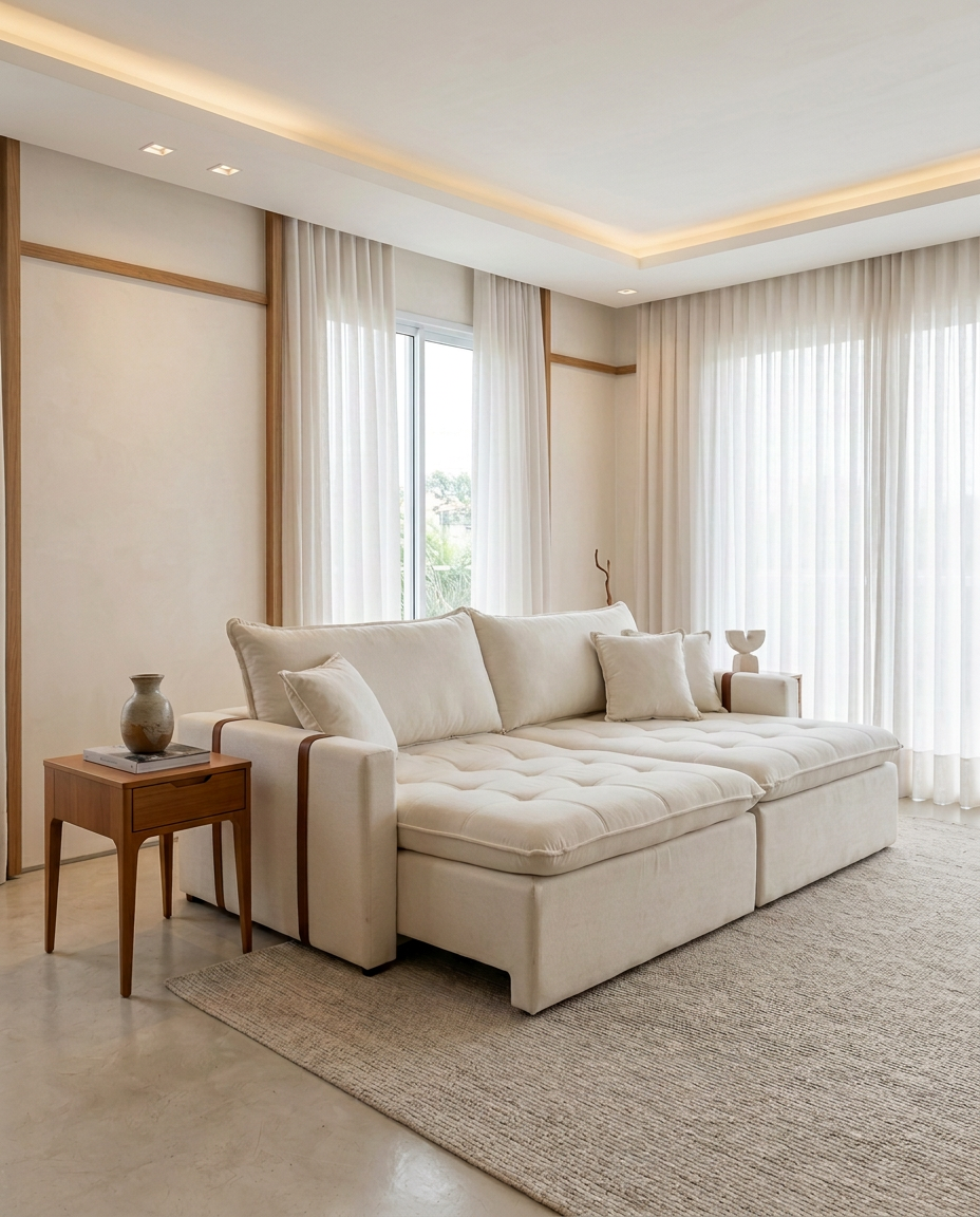 Sofá retrátil Caixa Zero off-white com detalhe em couro caramelo
